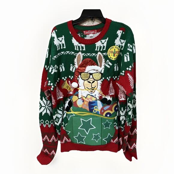 Holliday’s XXL Mens Ugly Christmas Sweater Santa Llama Presents Drink Pocket New - Picture 1 of 7